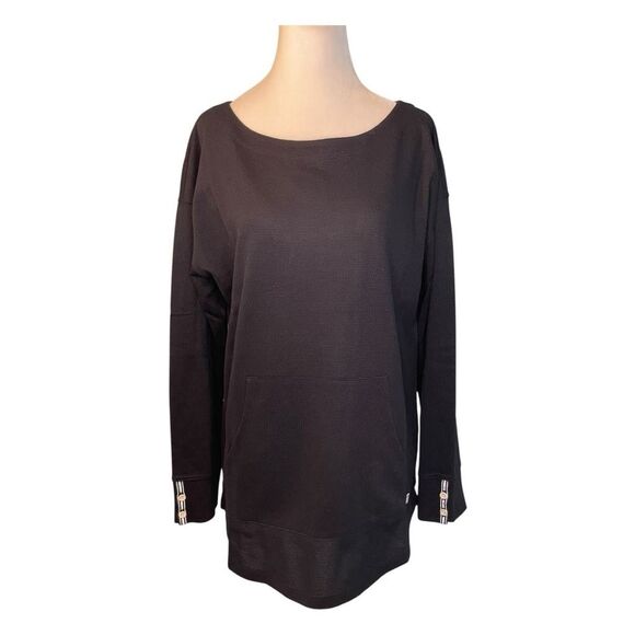 Talbots Black Waffle Knit Tunic Top Striped Button Cuffs Kanga Pocket M - Picture 1 of 8